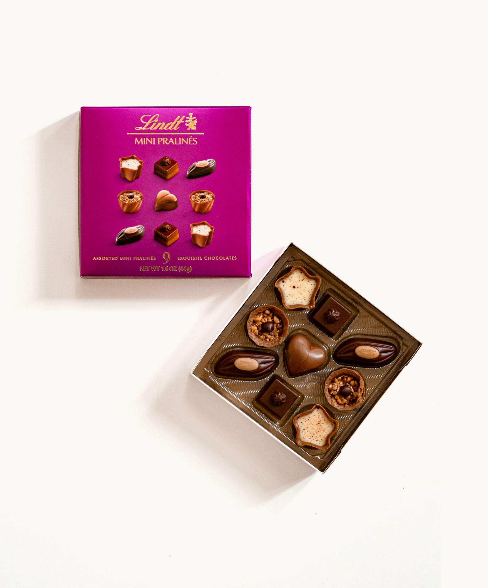 Assorted mini praline chocolates in an elegant box, perfect for gifting or indulgence.
