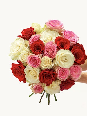 Vibrant bouquet featuring red, pink, and white roses, ideal for celebrating special moments.