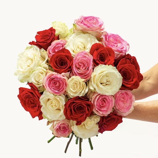 Vibrant bouquet featuring red, pink, and white roses, ideal for celebrating special moments.