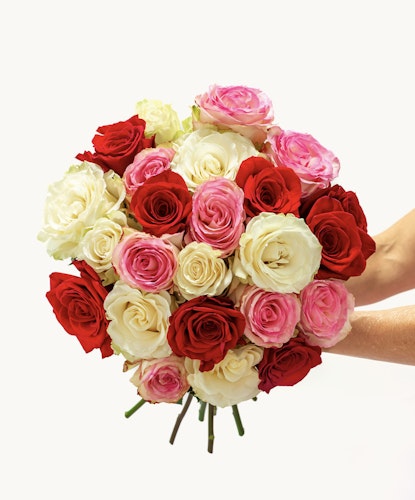 Vibrant bouquet featuring red, pink, and white roses, ideal for celebrating special moments.