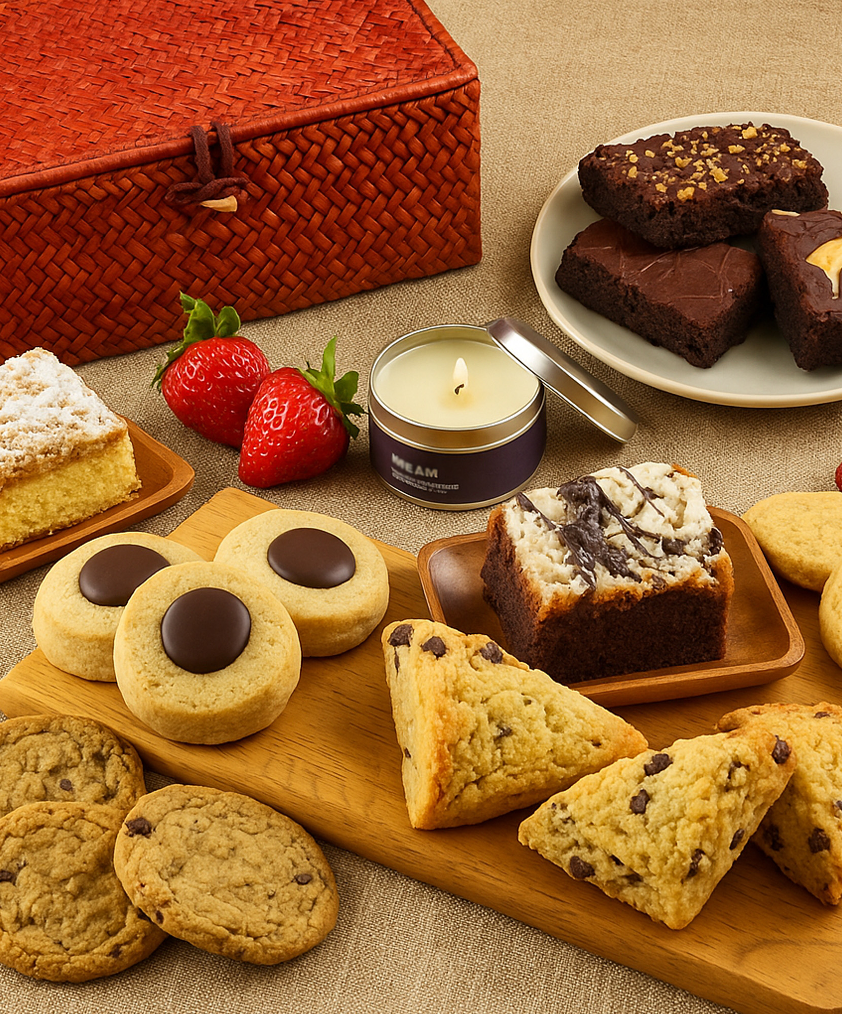 A tempting assortment of baked goods, strawberries, and a scented candle on a table.
