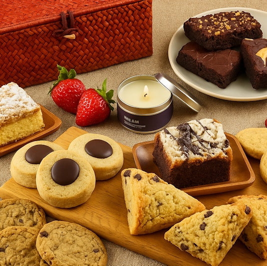 A tempting assortment of baked goods, strawberries, and a scented candle on a table.