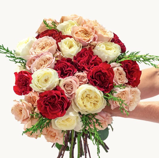 Luxurious floral bouquet featuring red, pink, and white roses with lush greenery accents.