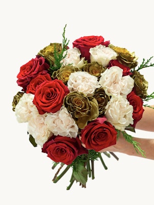 Vibrant bouquet featuring red roses, cream and green flowers, perfect for any celebration.