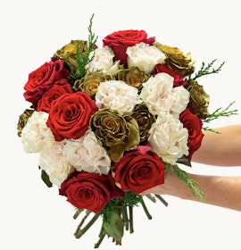 Vibrant bouquet featuring red roses, cream and green flowers, perfect for any celebration.