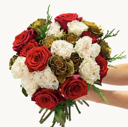 Vibrant bouquet featuring red roses, cream and green flowers, perfect for any celebration.