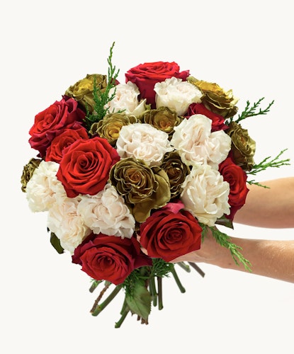 Vibrant bouquet featuring red roses, cream and green flowers, perfect for any celebration.