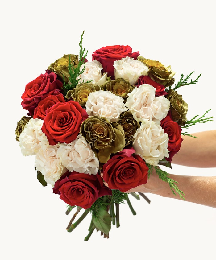 Vibrant bouquet featuring red roses, cream and green flowers, perfect for any celebration.
