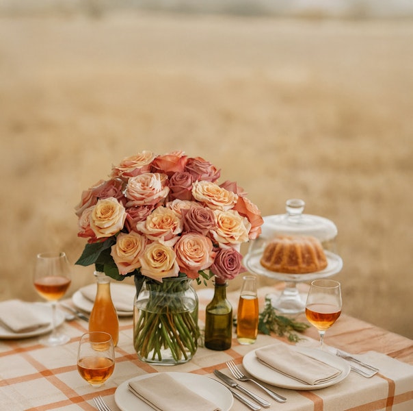 A beautiful bouquet of pastel roses in a glass vase, set on a picnic table outdoors.