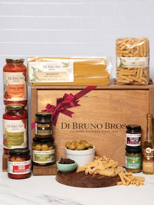 Gourmet Italian food gift box featuring pasta, sauces, oils, and specialty ingredients.