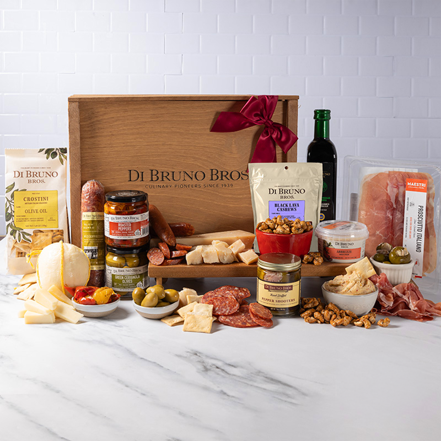 Elegant gift basket filled with gourmet cheeses, meats, and delightful snacks. Perfect for sharing.