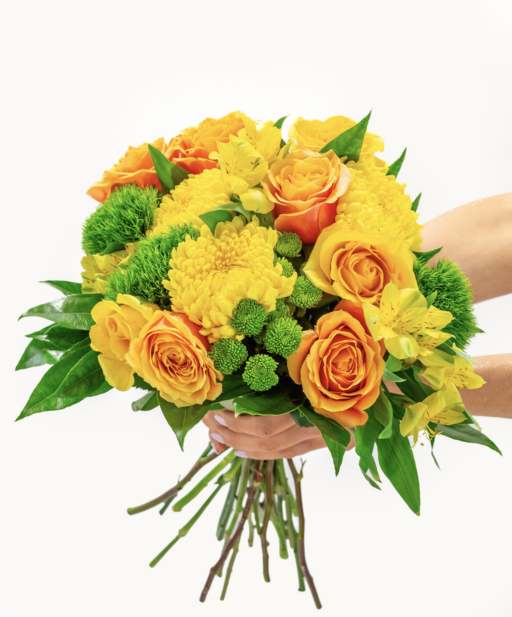 Vibrant bouquet of yellow roses, green buttons, and alstroemeria in a cheerful display.