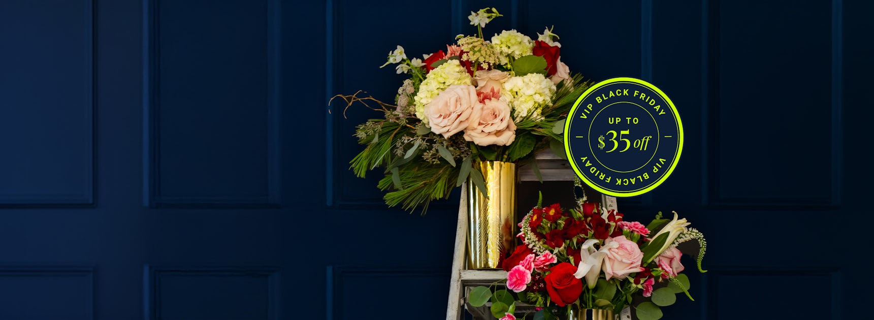 Chic floral arrangements featuring roses and vibrant blooms against a dark backdrop.