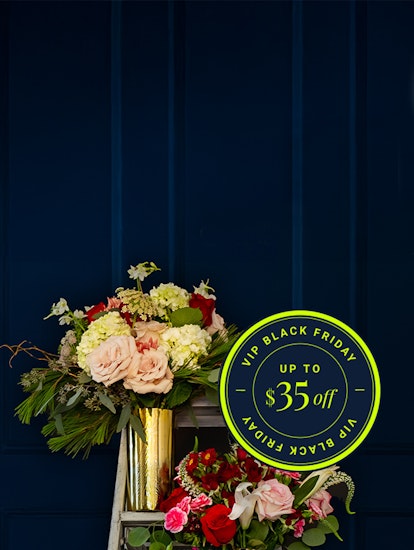 Colorful flower arrangements featuring pink and red blooms, promoting Black Friday discounts.