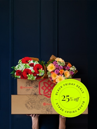 Colorful flower arrangements in festive gift boxes, perfect for special celebrations.