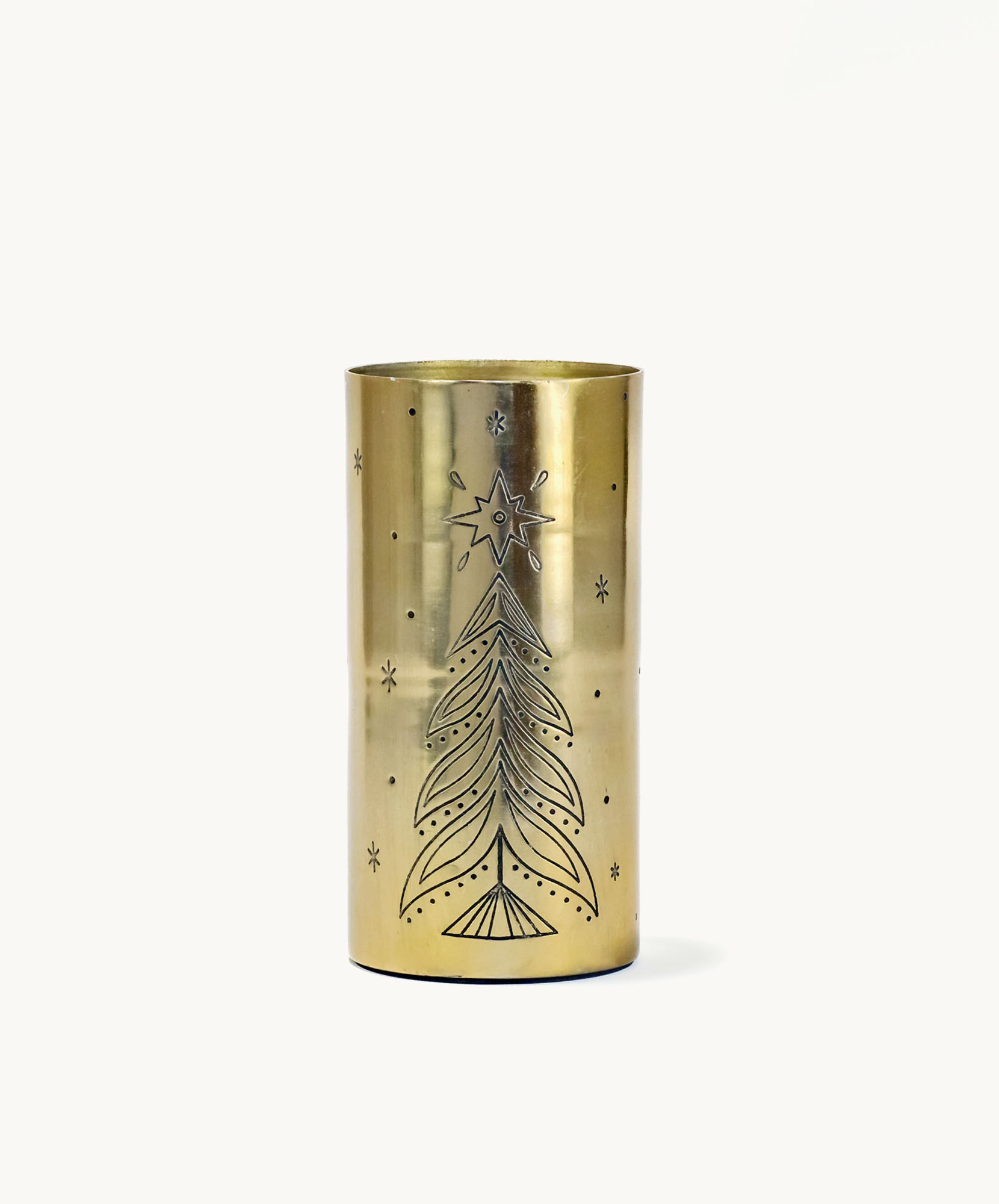 Golden decorative vase with a festive Christmas tree design, perfect for holiday decor.