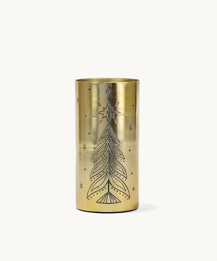 Golden decorative vase with a festive Christmas tree design, perfect for holiday decor.