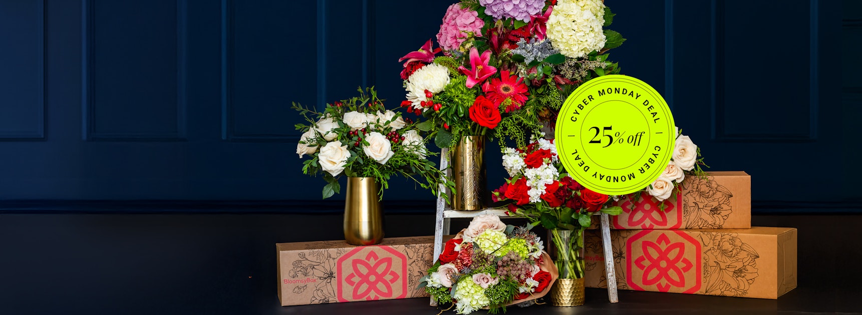 Vibrant floral display featuring colorful bouquets with promotional signage for discounts.