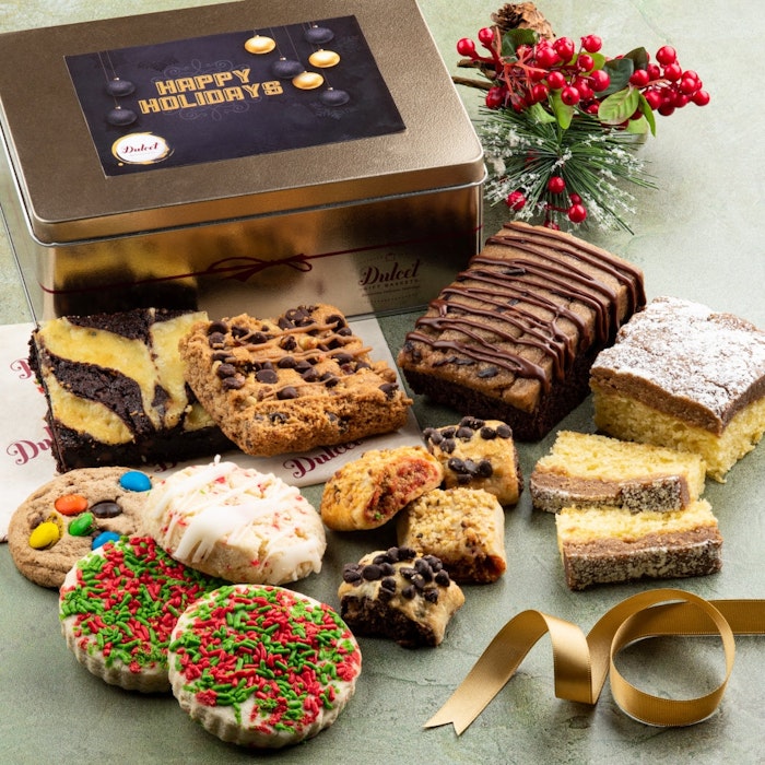 Delicious holiday treat assortment including cookies, brownies, and festive snacks.