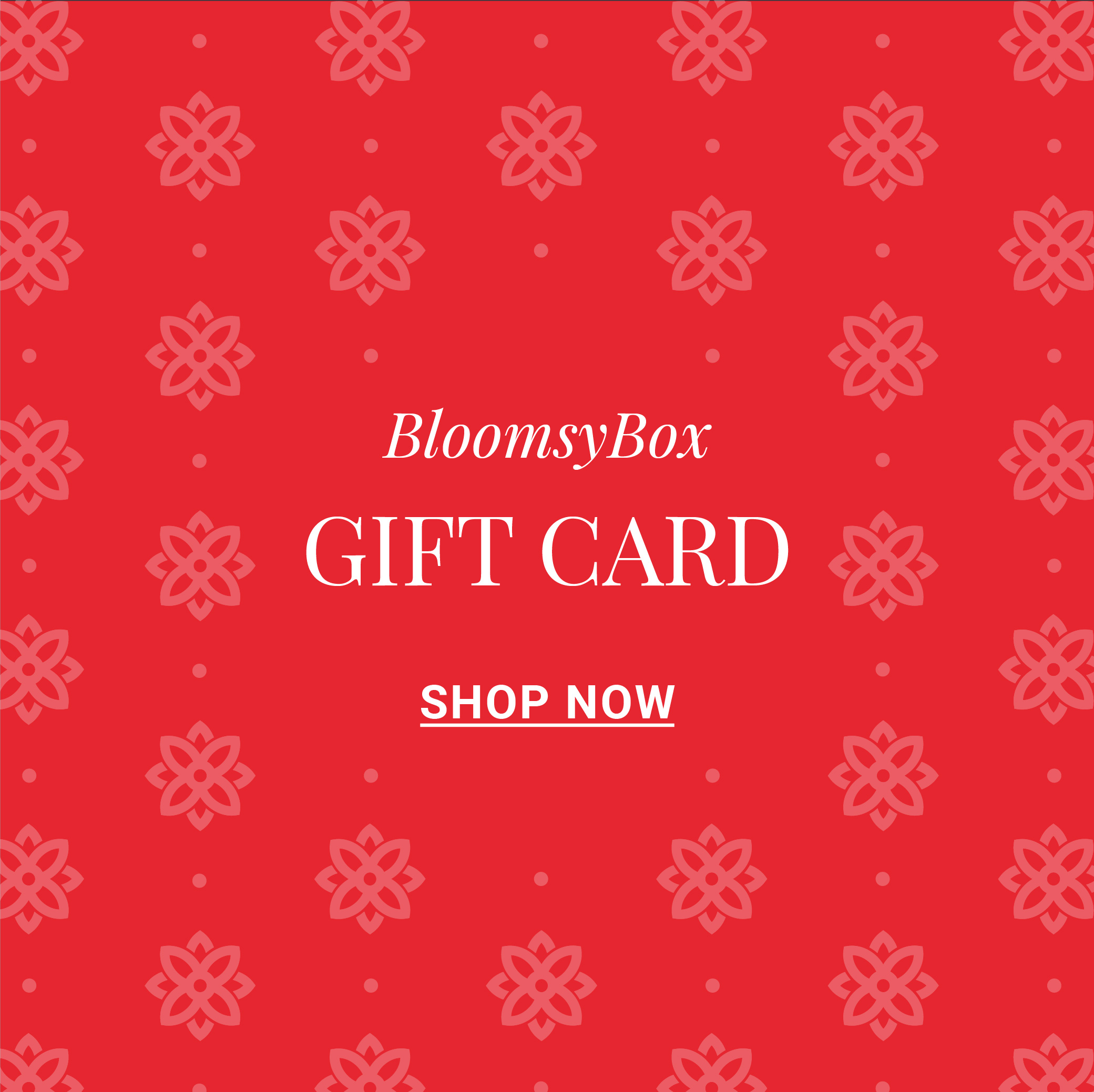 Vibrant red gift card design for BloomsyBox, featuring floral patterns to celebrate gifting.