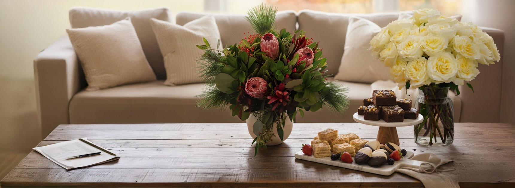 Elegant floral arrangement with white roses and colorful blooms, paired with delicious sweets.