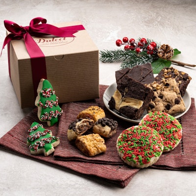 Delicious assortment of festive cookies and brownies in a charming gift box. Perfect for holidays!