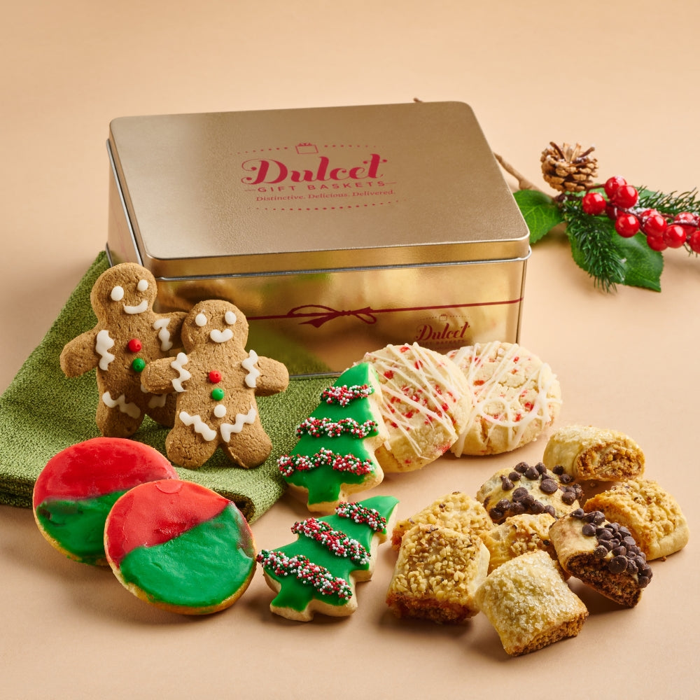 A festive assortment of holiday cookies and treats arranged in a decorative gift tin.