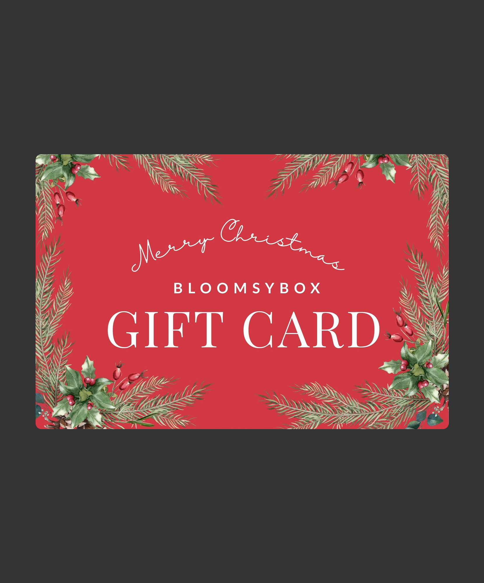 Festive holiday gift card design with Christmas greenery and cheerful red background.