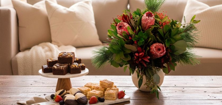 A vibrant floral arrangement with festive treats, perfect for celebrations and gatherings.