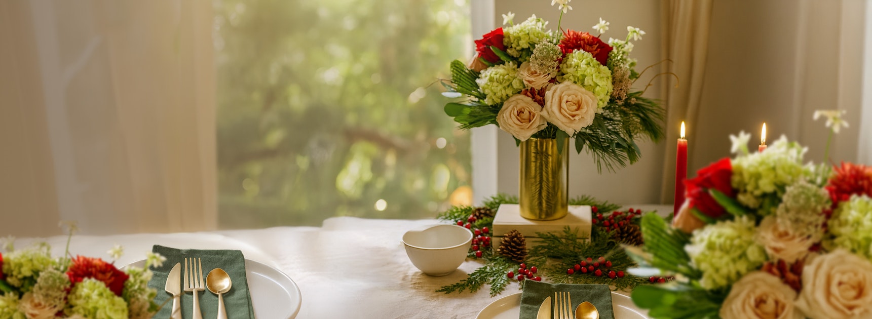 Elegant dining table set with floral centerpiece, perfect for festive gatherings.