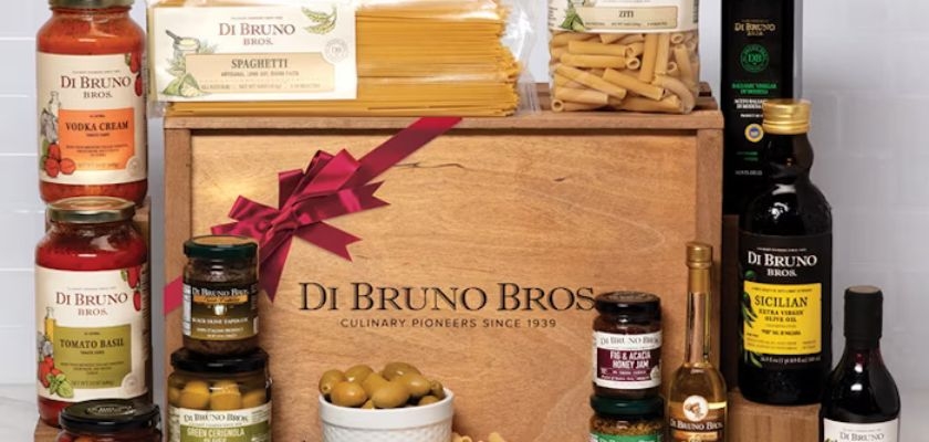 Gourmet food gift basket featuring pasta, sauces, olives, and premium oils. Perfect for chefs.