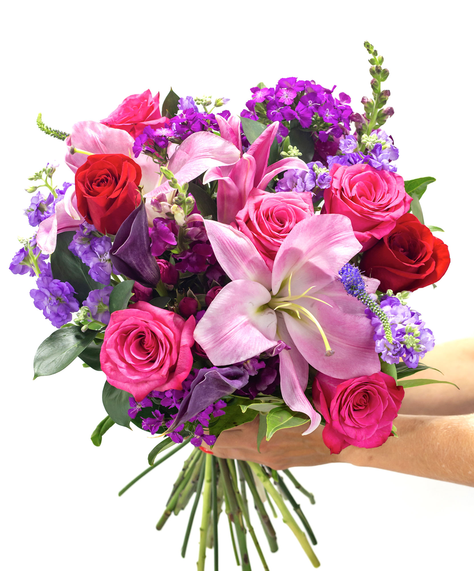 Vibrant floral bouquet featuring pink lilies, red roses, and purple blooms, perfect for celebrations.