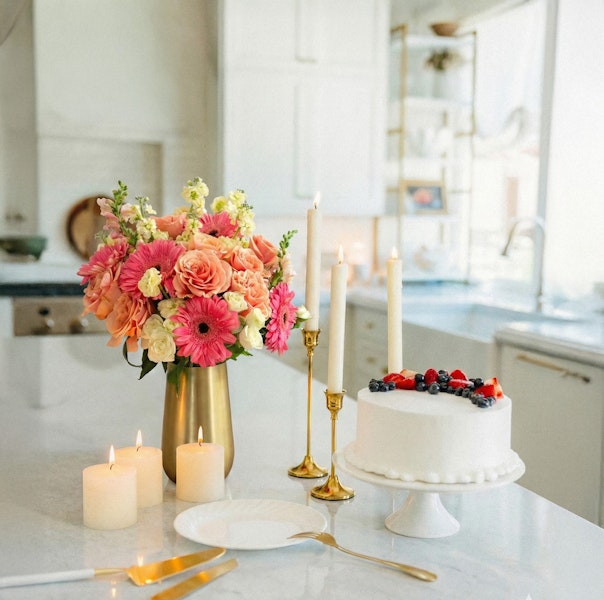 Vibrant floral arrangement with pink and orange blooms beside a celebratory cake.
