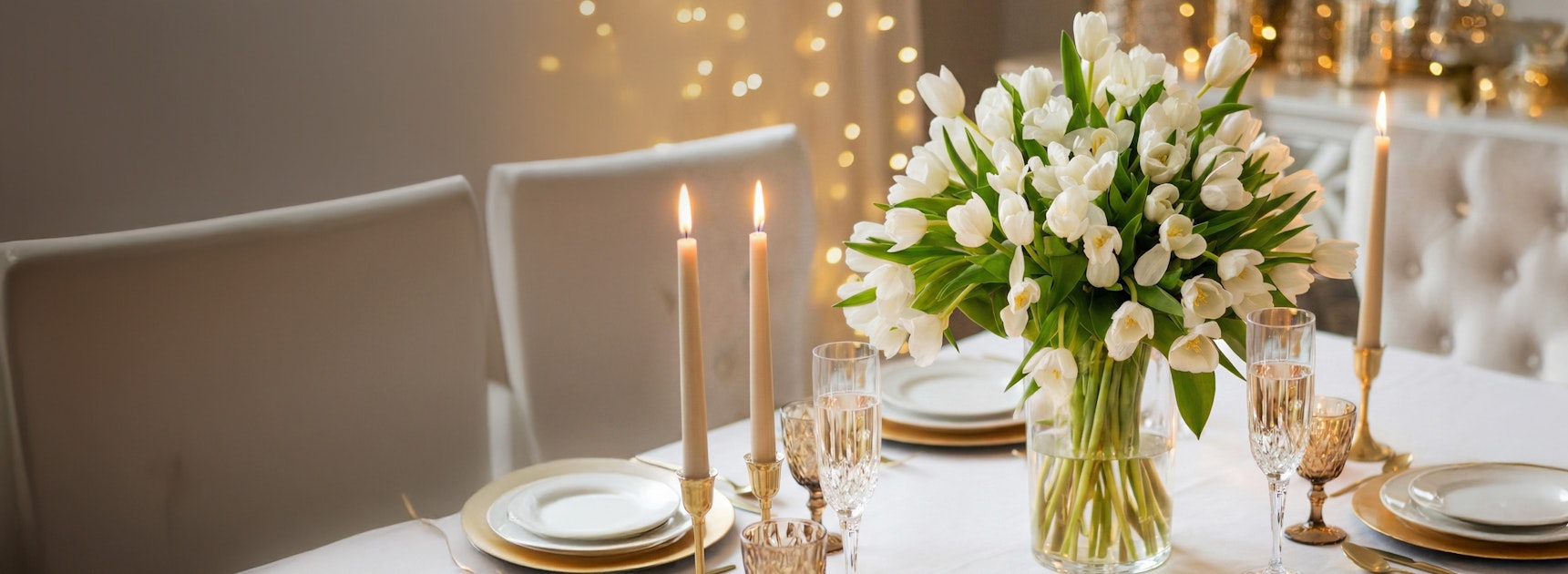 Elegant dining table set with white tulips and candles, perfect for special gatherings.