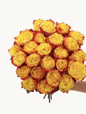 Vibrant bouquet of yellow and orange roses, perfect for cheerful celebrations and gifts.