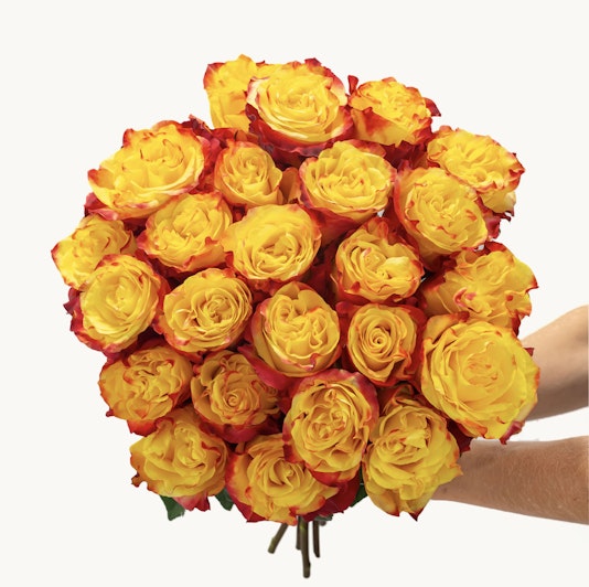 Vibrant bouquet of yellow and orange roses, perfect for cheerful celebrations and gifts.