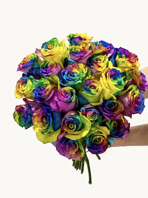Vibrant rainbow rose bouquet featuring a stunning array of colorful blooms for celebrations.