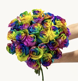 Vibrant rainbow rose bouquet featuring a stunning array of colorful blooms for celebrations.