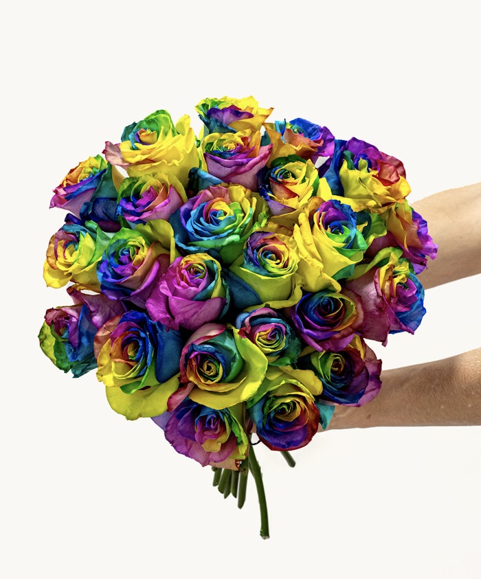 Vibrant rainbow rose bouquet featuring a stunning array of colorful blooms for celebrations.