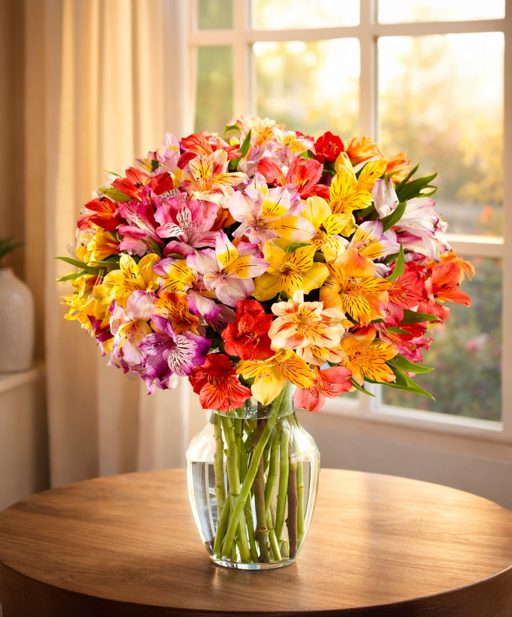 Vibrant bouquet of colorful alstroemeria flowers in a clear glass vase, brightening any space.