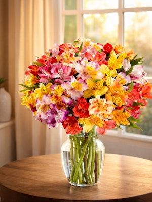 Vibrant bouquet of colorful alstroemeria flowers in a clear glass vase, brightening any space.