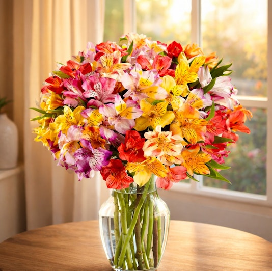 Vibrant bouquet of colorful alstroemeria flowers in a clear glass vase, brightening any space.