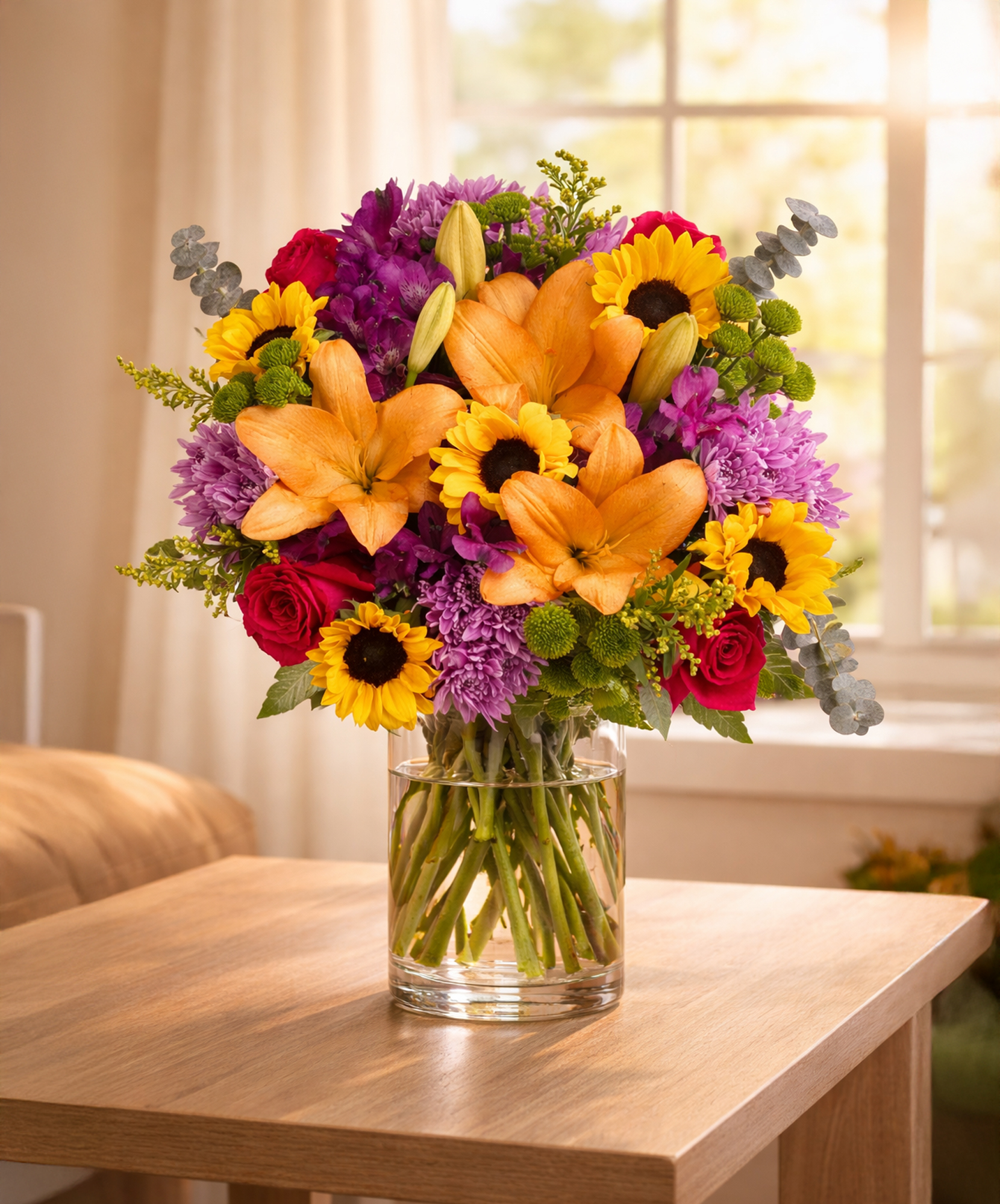 Vibrant bouquet of orange lilies, sunflowers, and purple blooms in a glass vase.