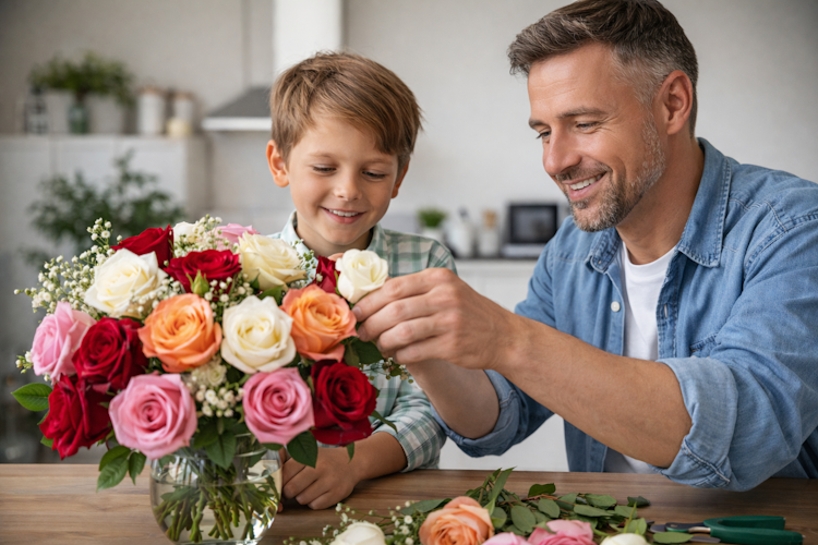 A father and son joyfully arranging a colorful bouquet of roses together.