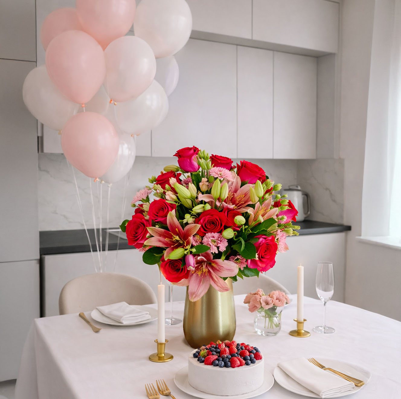 Vibrant floral centerpiece with roses and lilies, perfect for celebrations and gatherings.