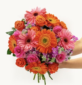 Vibrant bouquet featuring pink and orange gerbera daisies and roses, perfect for celebrations.