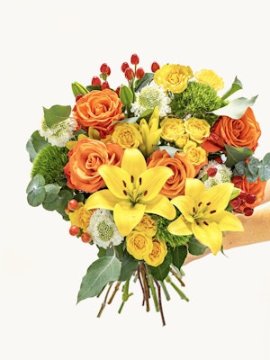 Vibrant bouquet featuring orange roses, yellow lilies, and lush greenery for special occasions.
