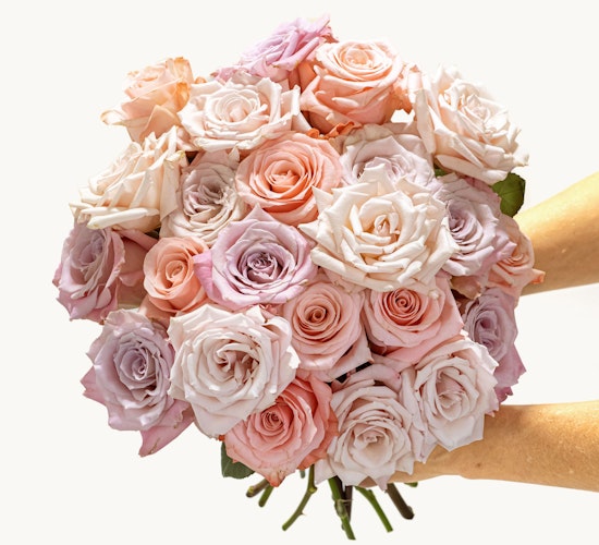 A stunning bouquet of pastel roses in soft pink and lavender hues, perfect for gifting.