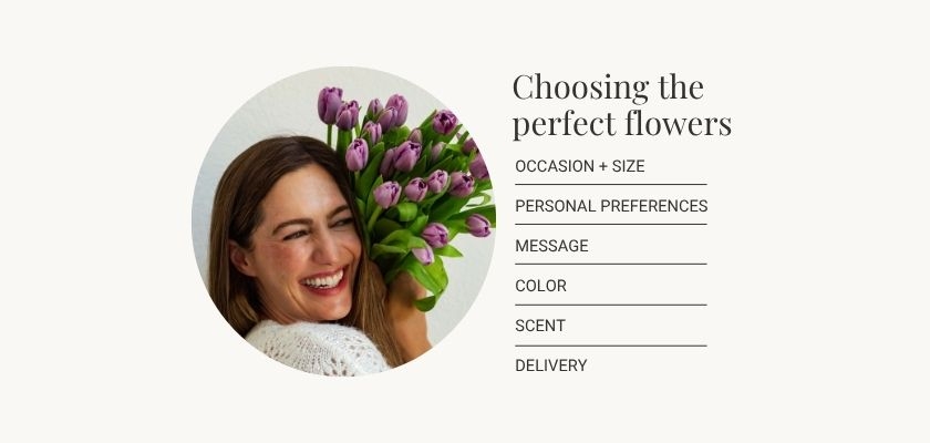 A happy woman holding a vibrant bouquet of tulips, showcasing joyful flower selection tips.