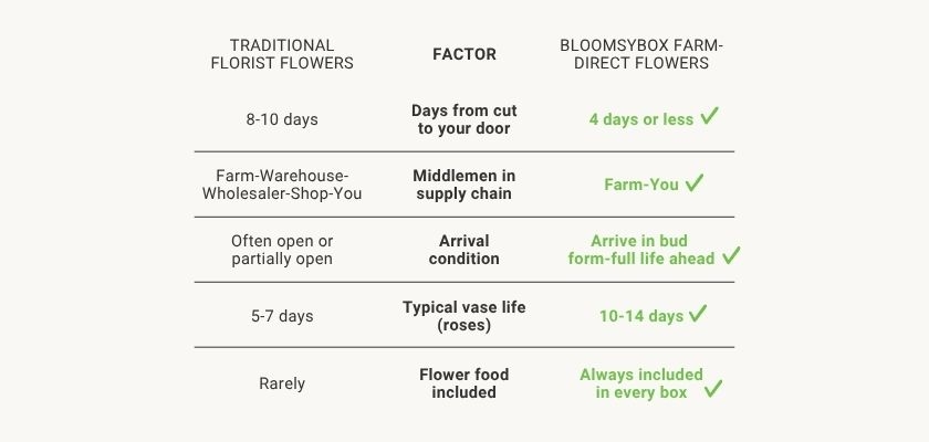 Comparison chart highlighting the advantages of BloomsyBox farm-direct flowers over traditional florists.